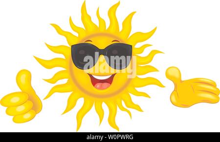 A merry cartoon sun in protective glasses from the sun. A cheerful cartoon sun on a white background. Smiling sun and hands with a finger raised up. Stock Vector