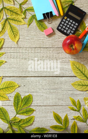 Back to school background. Table with apple, different school supplies, stationery, pencils. Flatlay top view. Free space for your text. Stock Photo