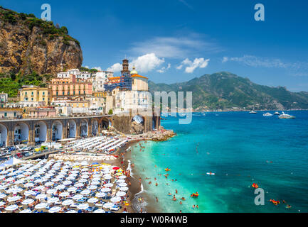 Atrani, Italy - June 23, 2019: Landscape with amazing beach of  Atrani town at famous amalfi coast, Italy Stock Photo