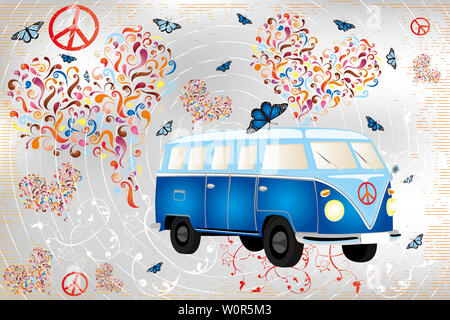 Illustration of a colorful retro van with butterflies, hearts made by swirls and floral elements Stock Photo