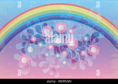 Creative art inspiration - illustration with rainbow, flowers and swirls Stock Photo