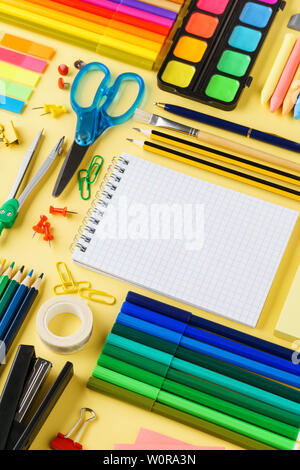 Set of colorful stationery and supplies for kids creation or school. Stock Photo