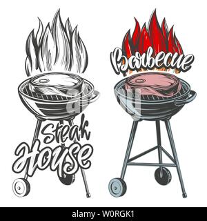 barbecue food meat, steak, roast grilled, calligraphic text hand drawn vector illustration realistic sketch logo Stock Vector