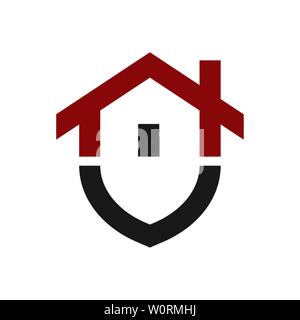 Home protection logo design template. Vector shield and house logotype illustration. Graphic home security icon label. Modern building alarm symbol Stock Vector