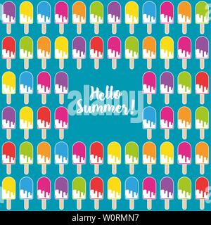 Hello Summer poster. Seamless pattern of colorful popsicles vector illustration. Stock Vector