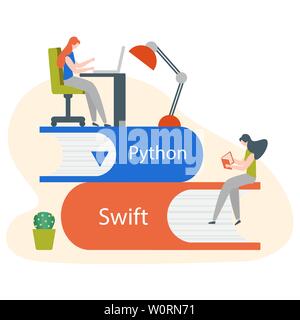 Vector illustration with people on stack of books, studying manual, working on computer. Flat style. Background for the programming landing page. Desi Stock Vector