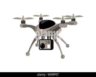 Drone flat vector color illustration. Cartoon flying copter with camera, quad rotor, quadcopter, aviation isolated design element. Digital technology, innovation, modern toy, videotaping device Stock Vector
