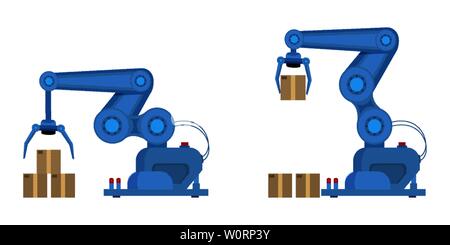 Industrial robot arm flat vector illustration. Smart industry, warehouse loader robotics and automation isolated design elements set. Axis robot palletizer, innovative modern manufacturing, production Stock Vector