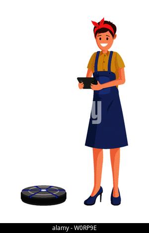 Robot vacuum cleaner flat vector illustration. Home, household chores automation, robotics in daily life, smart cleaning. Housewife, housekeeper, maid character using automatic, remote control vacuum Stock Vector