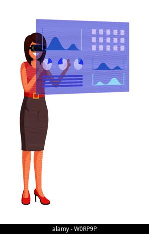 Augmented reality flat vector illustration. Virtual reality and AR digital technologies, futuristic innovation isolated design element. Cartoon businesswoman in VR headset using virtual interface Stock Vector