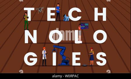 Technologies word concept flat vector banner. Futuristic inventions, automation, artificial intelligence and innovations cartoon illustration. People using robotics, modern machines characters Stock Vector