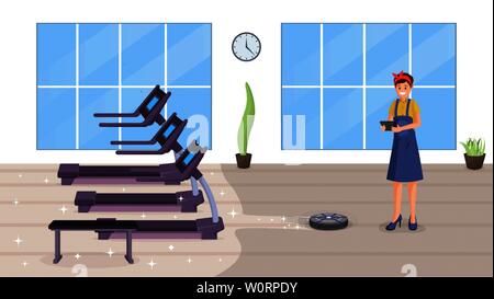 Gym smart cleaning flat vector illustration. Happy female janitor using automatic robot vacuum cleaner cartoon character. Fitness club cleaning with intelligent technologies, automation Stock Vector