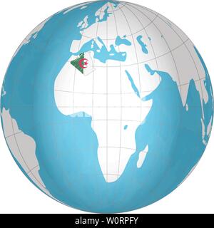 Algeria on the globe. Earth hemisphere centered at the location of the People s Democratic Republic of Algeria. Algeria map. Eps 10 Stock Vector