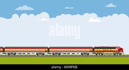 railway train driving through landscape with copy space banner vector illustration Stock Vector
