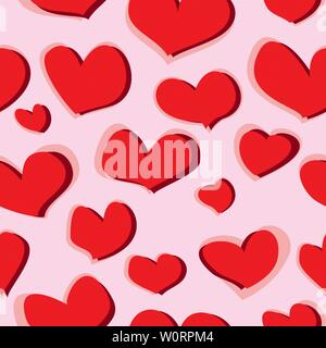 Seamless pattern scribble of red heart figures on a pink background for fabrics, wallpapers, tablecloths, prints and designs. Abstract background for Stock Vector