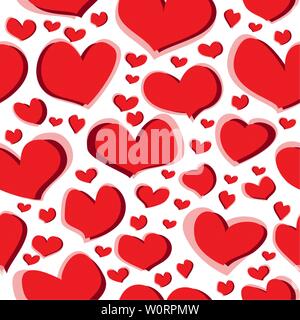 Seamless pattern scribble of red heart figures on a white background for fabrics, wallpapers, tablecloths, prints and designs. Abstract background for Stock Vector