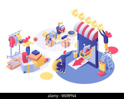E-commerce and shopping vector isometric illustration. Shop assistant doing inventory, entrepreneur opening store and buying products for sale 3d characters. Consumerism, trading and retail business Stock Vector