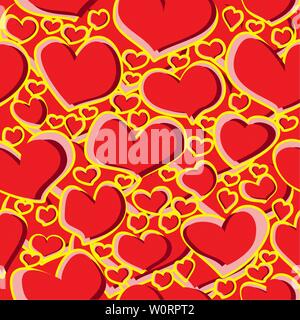 Seamless pattern scribble of red and yellow heart figures for fabrics, wallpapers, tablecloths, prints and designs. Abstract background for mobile app Stock Vector