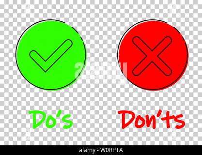 Do s and don ts sign icon in flat style. Like, unlike vector illustration on transparent background. Yes, no business concept. Eps 10 Stock Vector