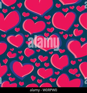 Seamless pattern scribble of red heart figures on a dark blue background for fabrics, wallpapers, tablecloths, prints and designs. Abstract background Stock Vector
