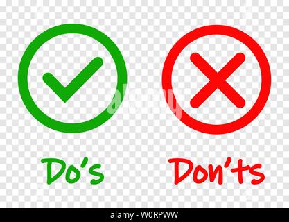 Do and Dont check tick mark and red cross icons isolated on transparent background. Vector Do s and Don ts checklist or choice option symbols in circle frame, eps 10 Stock Vector