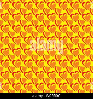 Seamless pattern of red heart figures on a yellow background for fabrics, wallpapers, tablecloths, prints and designs. Abstract background for mobile Stock Vector