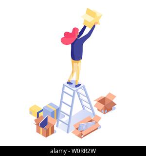 Woman holding rating star isometric illustration. Female shop assistant, seller standing on ladder and decorating store vector 3d character. Commerce and trade industry, marketing isolated clipart Stock Vector