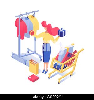 Woman buying clothes vector isometric illustration. Female buyer choosing presents, boxes with purchases in supermarket cart isolated clipart. Girl shopping in fashion boutique 3d character Stock Vector
