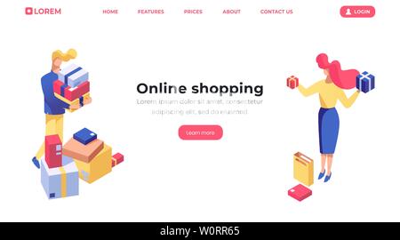 Online shopping isometric landing page template. Customer buying products, female seller, shop assistant offering goods 3d characters. Consumerism, Internet store goods purchasing web banner layout Stock Vector