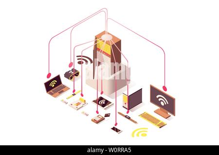 Internet server vector isometric illustration. Computer hardware equipment, Internet of things, cloud system, portable devices. Wifi wireless technology, database storage isolated 3d clipart Stock Vector
