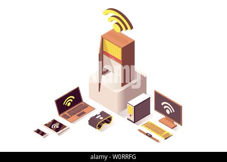 Cloud computing vector isometric illustration. Internet server, online hosting, computer hardware equipment and IoT technology. Wifi wireless network, database storage isolated 3d clipart Stock Vector