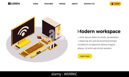 Modern workspace isometric landing page template. Internet of things, wifi wireless connection, telecommunication system. Portable devices and electronics at office workplace isolated 3d clipart