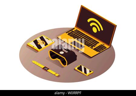 Iot, portable devices vector isometric illustration. Internet of things, cloud computing service, gadgets connected to wifi, telecommunication. Laptop, tablet, smartphone and VR glasses 3d clipart Stock Vector