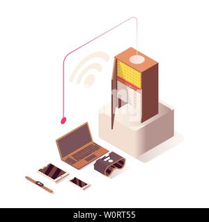 Wifi Internet vector isometric illustration. Online hosting, server, computer hardware equipment and IoT technologies. Wireless connection, networking, database storage isolated 3d clipart Stock Vector