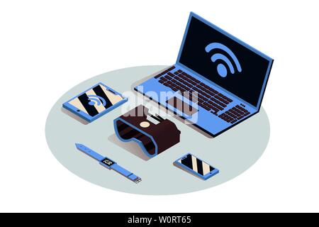 Iot, portable electronics vector isometric illustration. Internet of things, cloud computing service, synchronized gadgets connected to wifi. Laptop, tablet, smartphone and VR headset 3d clipart Stock Vector