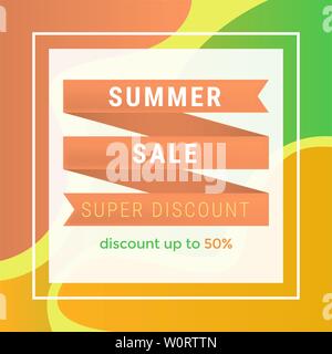Summer sale flat vector banner template. Super discount offer in square frame, 50 percent lower price advert. Seasonal clearance promotion for social media post, marketing advertising poster layout Stock Vector