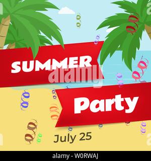 Summer party flat vector banner template. Summertime celebration, beach club festival invitation layout. Stylized red ribbons with text on blue sea, sand, exotic palm trees, serpentine background Stock Vector
