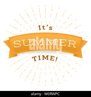 Summertime relax flat vector banner template. It is summer time phrase on golden ribbon, warm season relax inscription. Positive message for social media post with stylized sun rays in round frame Stock Vector
