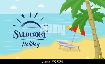 Summer recreation flat vector banner template. Seaside resort promo with blue brush stroke sun symbol, logo. Summertime vacation, relax on beach with palm trees, travel agency advert poster layout Stock Vector