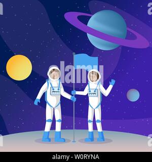 Two cosmonauts placing flag flat illustration. Male and female smiling astronauts in outer space waving hands cartoon characters. Another planet, moon landing, universe exploration drawing Stock Vector