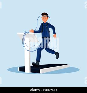 Astronaut physical test flat vector illustration. Spaceman, cosmonaut space station training, using treadmill exercise machine cartoon character. Space mission preparing isolated clipart Stock Vector