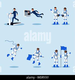 Astronauts in spacesuits flat illustrations set. Male and female cosmonauts training, space mission isolated cliparts pack. Universe explorers floating in zero gravity cartoon vector characters Stock Vector