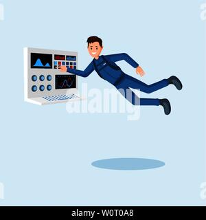 Astronaut training flat vector illustration. Cosmonaut pressing button on spaceship control panel cartoon character. Spaceman floating in zero gravity, outer space mission isolated clipart Stock Vector