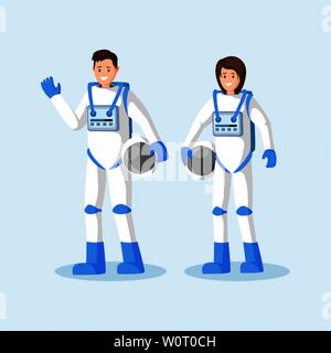 Cosmonauts in spacesuits flat vector illustration. Male and female astronauts standing, waving hand and holding helmets cartoon characters. Space mission, universe exploration isolated clipart Stock Vector