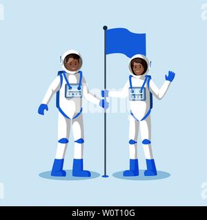 Astronauts planting flag flat vector illustration. Male and female smiling cosmonauts wearing spacesuits, waving hand cartoon characters. Another planet, moon landing isolated clipart Stock Vector