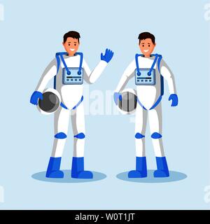 Male cosmonauts flat vector illustration. Smiling astronauts team, two men in spacesuits waving hand and holding helmets cartoon characters. Space mission, universe exploration isolated clipart Stock Vector