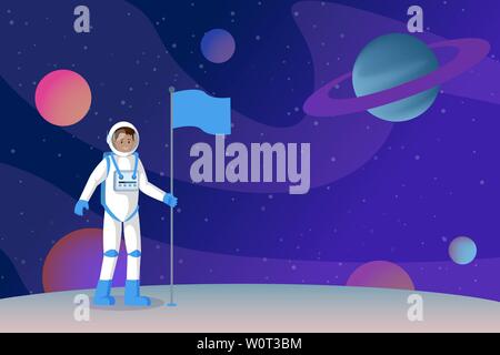 Cosmonaut setting flag flat vector illustration. Smiling astronauts in outer space, spaceman standing on alien planet surface cartoon character. Moon landing, interstellar traveling drawing Stock Vector