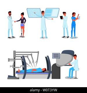 Innovations in medicine vector illustrations set. Modern hospital staff, doctors and patients cartoon characters. High tech healthcare, medical clinic modernization, physicians working with technology Stock Vector