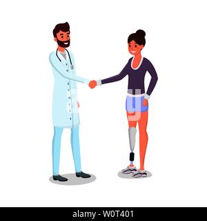 Medical prosthetics flat vector illustration. Smiling young doctor and happy patient with prosthesis cartoon characters. Woman with artificial limb and physician shaking hands, modern medicine Stock Vector