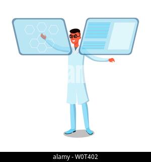 Futuristic technology flat vector illustration. Smiling young doctor, scientist in glasses cartoon character. Physician working with interactive interface, holographic display, high tech innovations Stock Vector